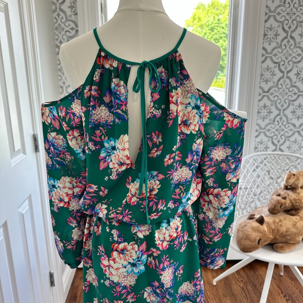 Charles Henry Cold Shoulder Floral Green Mini Dress Elastic Waist Summer Size M - Picture 5 of 11